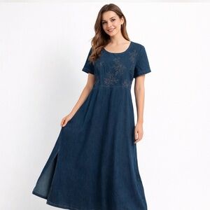 Vintage Style Denim Maxi Dress Embroidered Floral Cottagecore Boho Prairie S 14